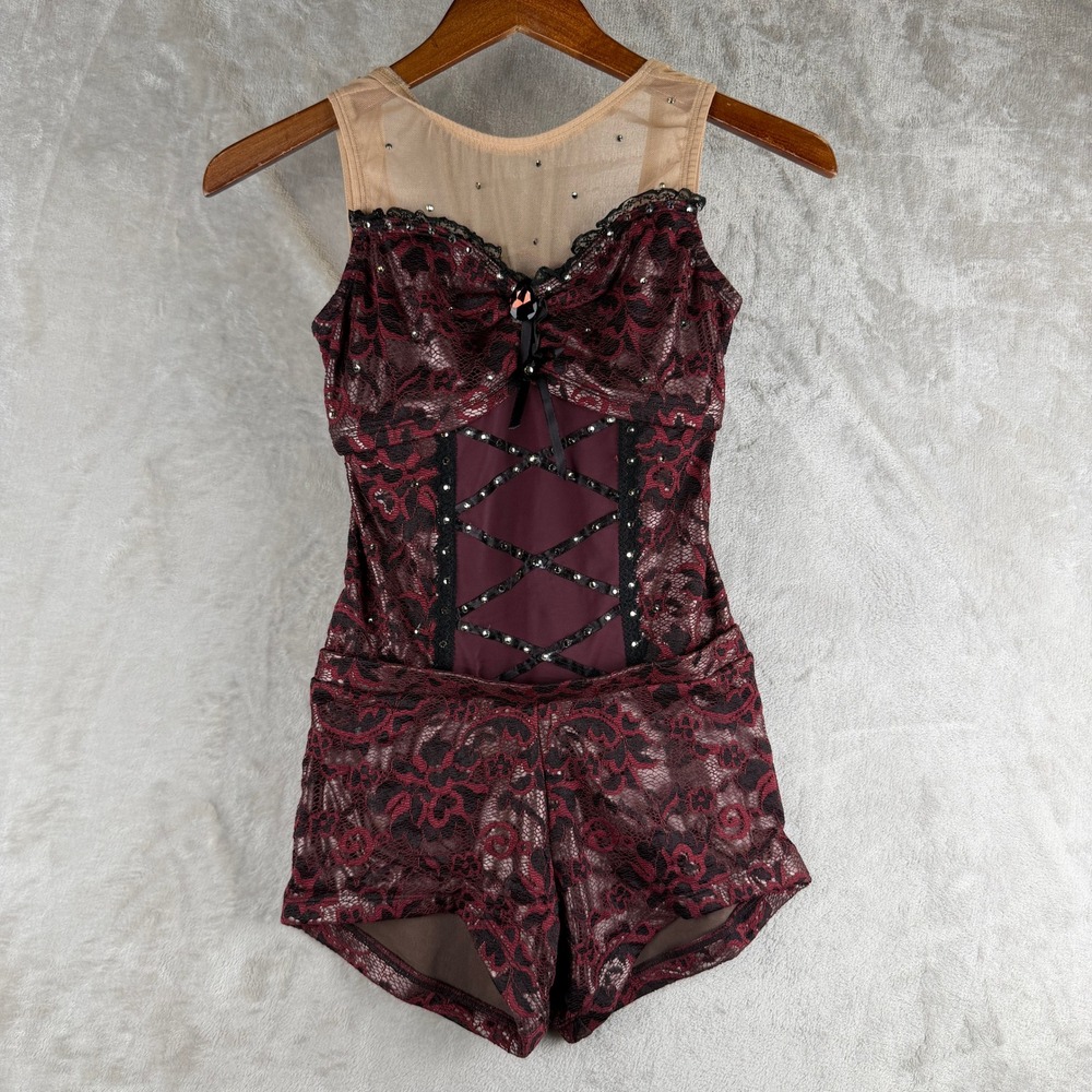 Corset Dance Leotard Costume Burgundy Black Lace Rhinestone with Back Bow Women